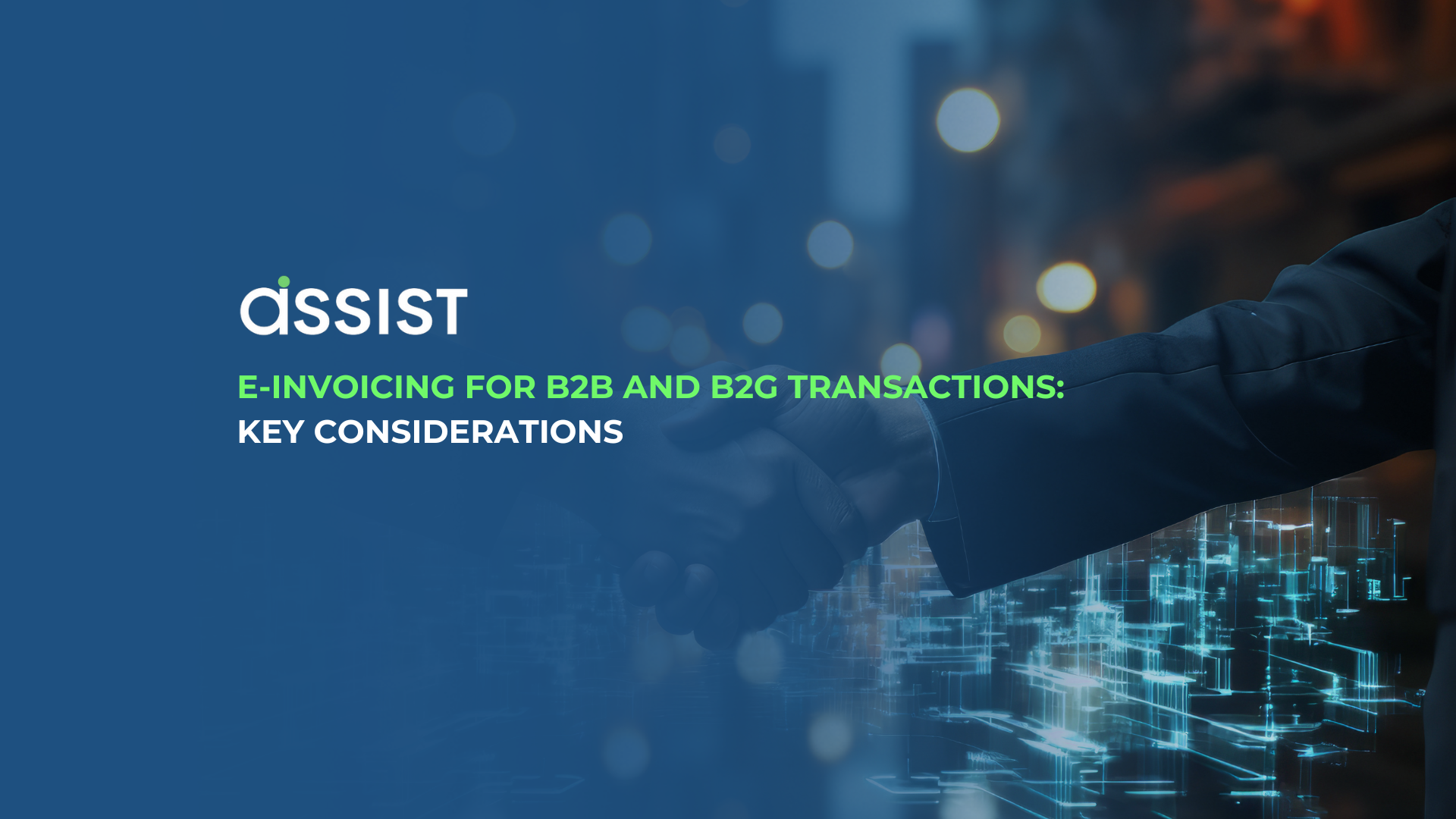 E-Invoicing for B2B and B2G Transactions – Key Considerations A digital-themed business handshake representing B2B and B2G e-Invoicing, with futuristic financial technology elements in the background.