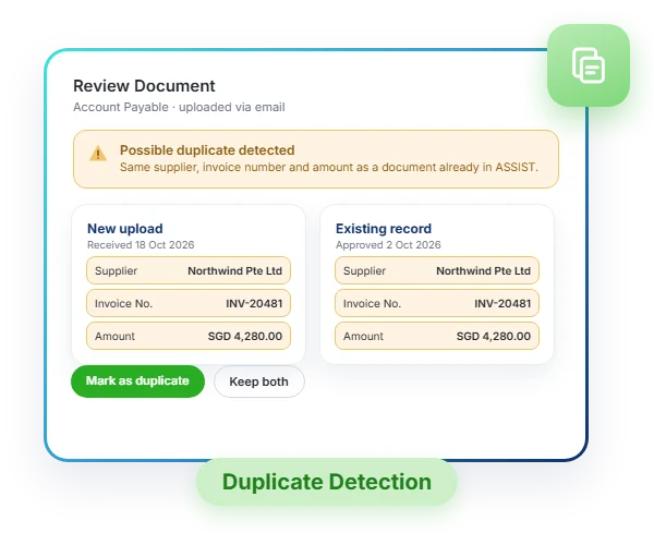 ASSIST flags a possible duplicate invoice by matching supplier, invoice number and amount against an existing record