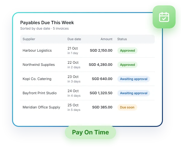 ASSIST list of payables due this week with due dates, amounts and approval status