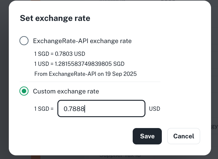 Custom: Enter your own exchange rate manually.