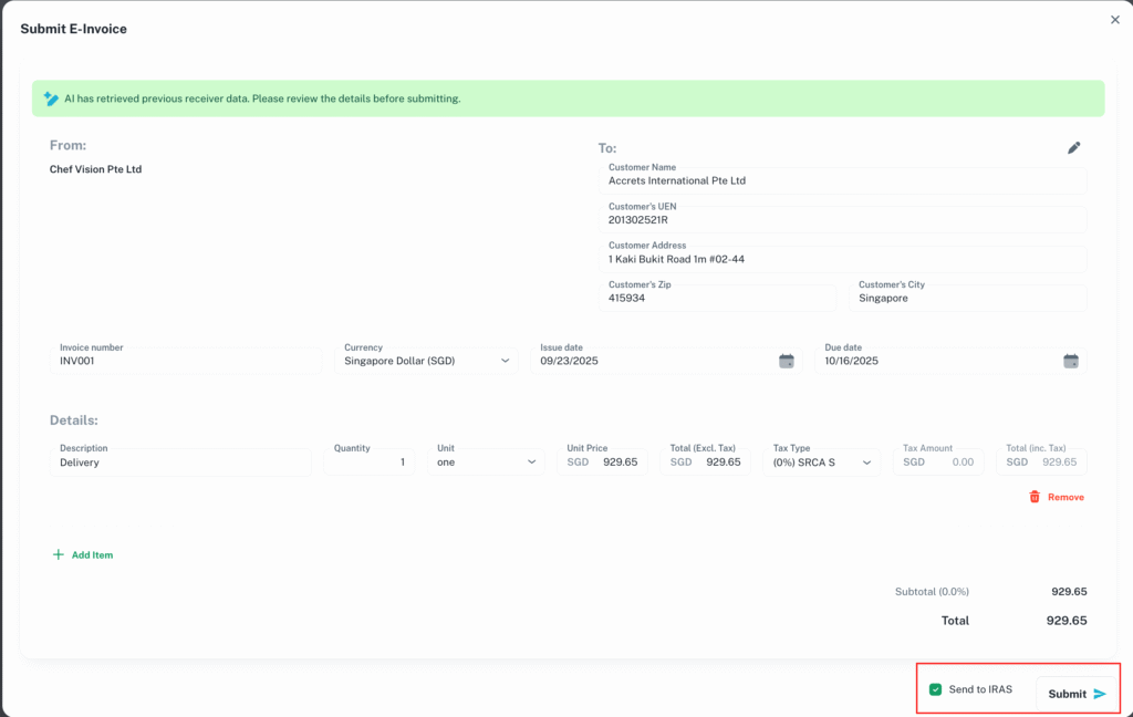 Singapore E-Invoice: Send to IRAS (InvoiceNow) Now Supported